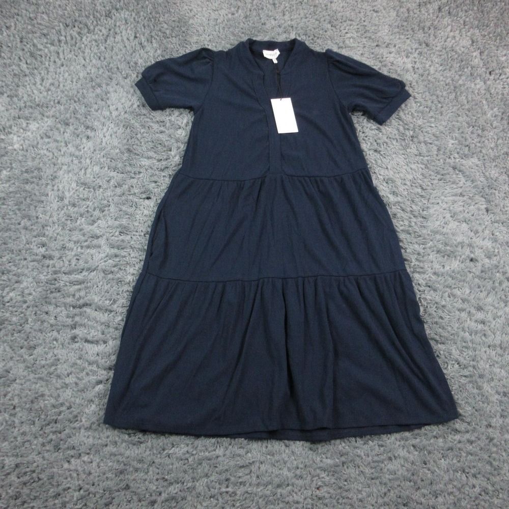Merrick White Dress Womens Small Blue Knit T Shirt Midi Tiered Puff Sleeve NWT